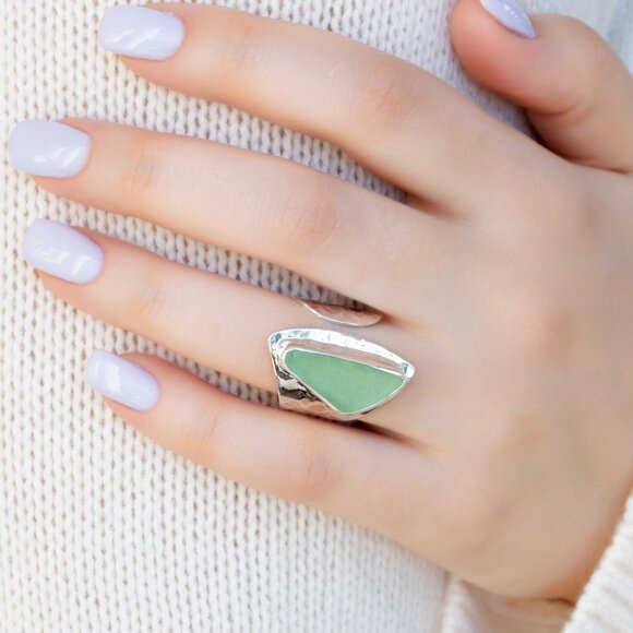 Handmade Adjustable Sterling Silver Sea Glass Ring - Picture 1 of 6